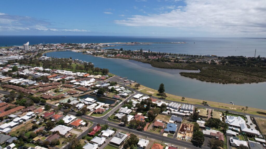 An aerial view of Bunbury homes and the three waters