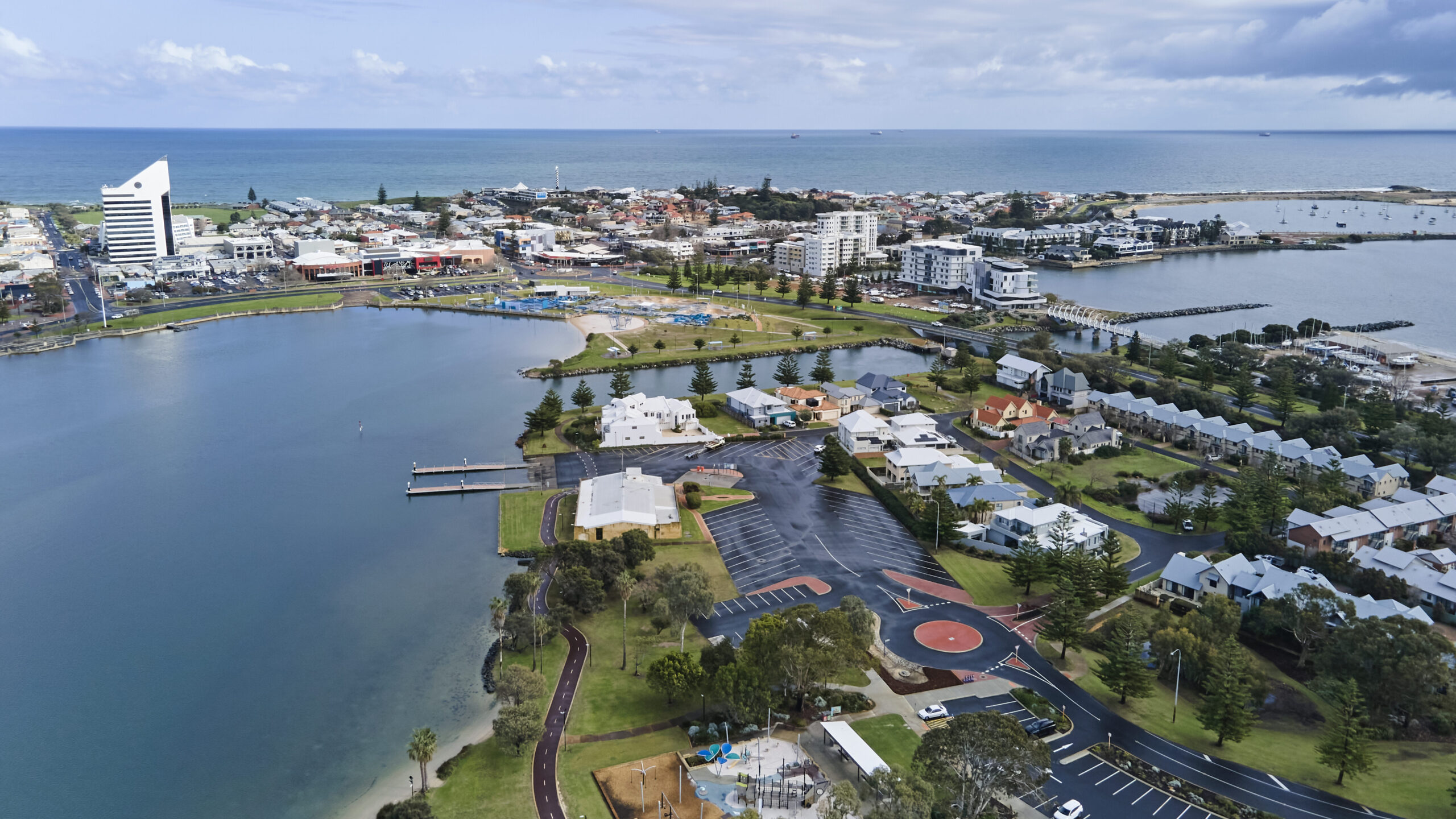 Aerial view of Bunbury CBD and Koombana precinct.